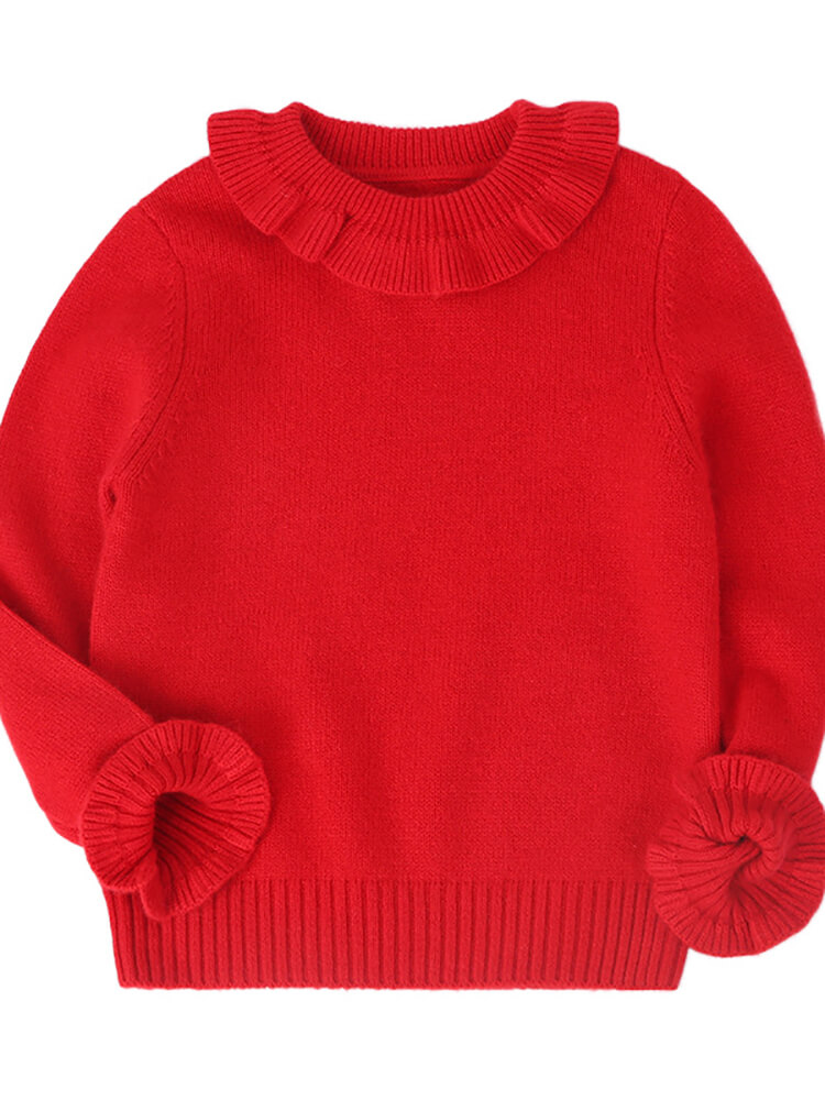 Girls Blush Pink Ruffled Collar Soft Cashmere Pullover Sweater